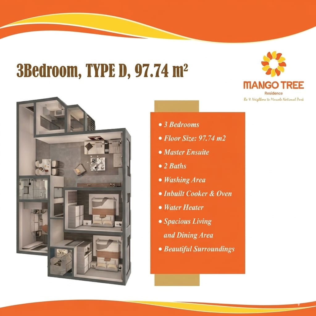 Type D three-bedroom apartment floor plan at Mango Tree Residence, Syokimau